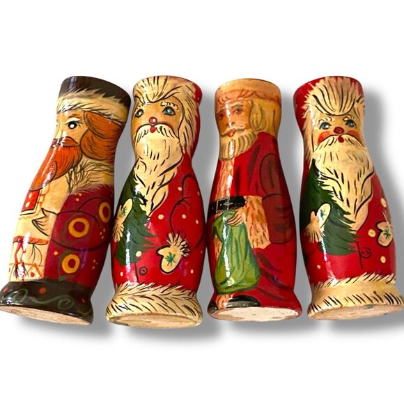 Vintage Russian Folk Art Santas 3.25” Wood Christmas Collection Set of 4 - Picture 4 of 9